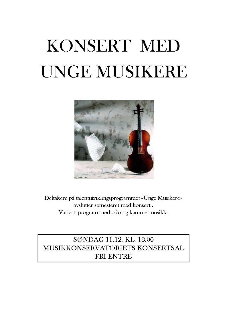 Plakat for konsert med Unge Musikere søndag 11. desember kl. 13.00